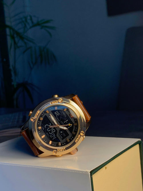 Digital and Analog Brown Straps Golden Dail Watch AS-03